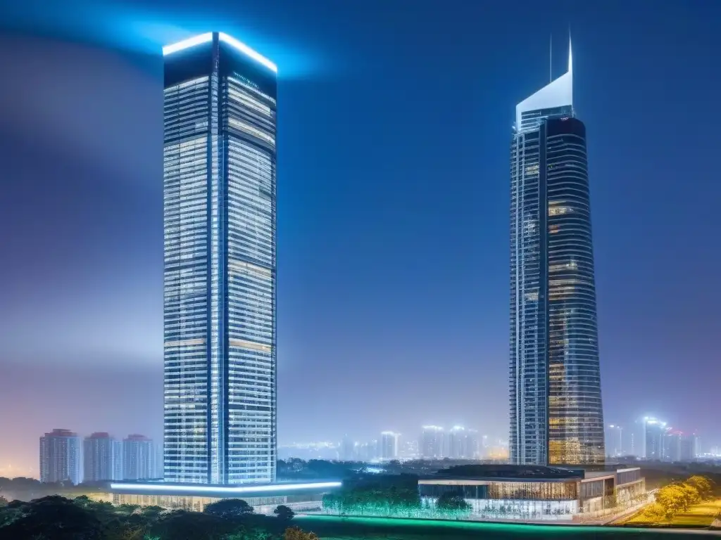 Inversión segura: Rascacielos moderno con transparencia total Impresionante edificio moderno con seguridad jurídica en inversiones inmobiliarias, reflejando una ciudad nocturna vibrante