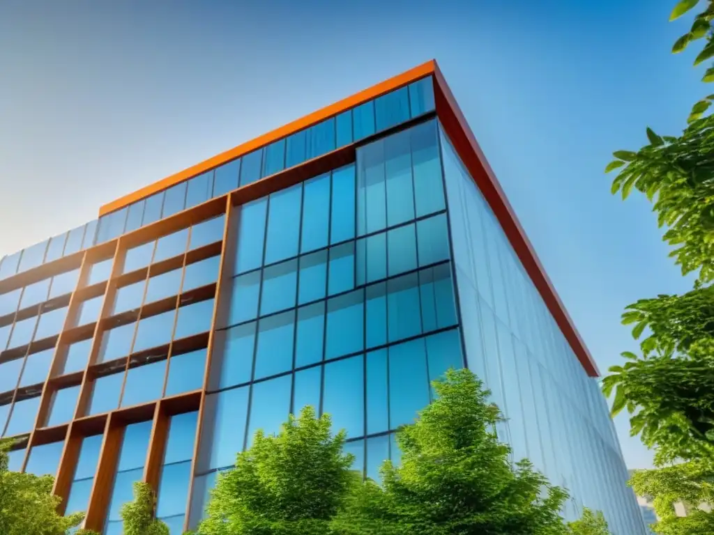Un impresionante edificio de oficinas moderno rodeado de vegetación, bajo un cielo azul