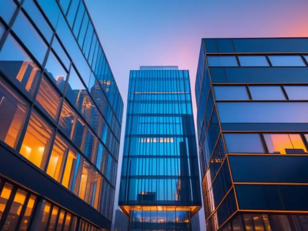 Edificio moderno protegido: ilustración detallada con seguridad digital Impresionante edificio de oficinas moderno con escudos de seguridad digital y cerraduras, reflejando protección contra ataques de phishing