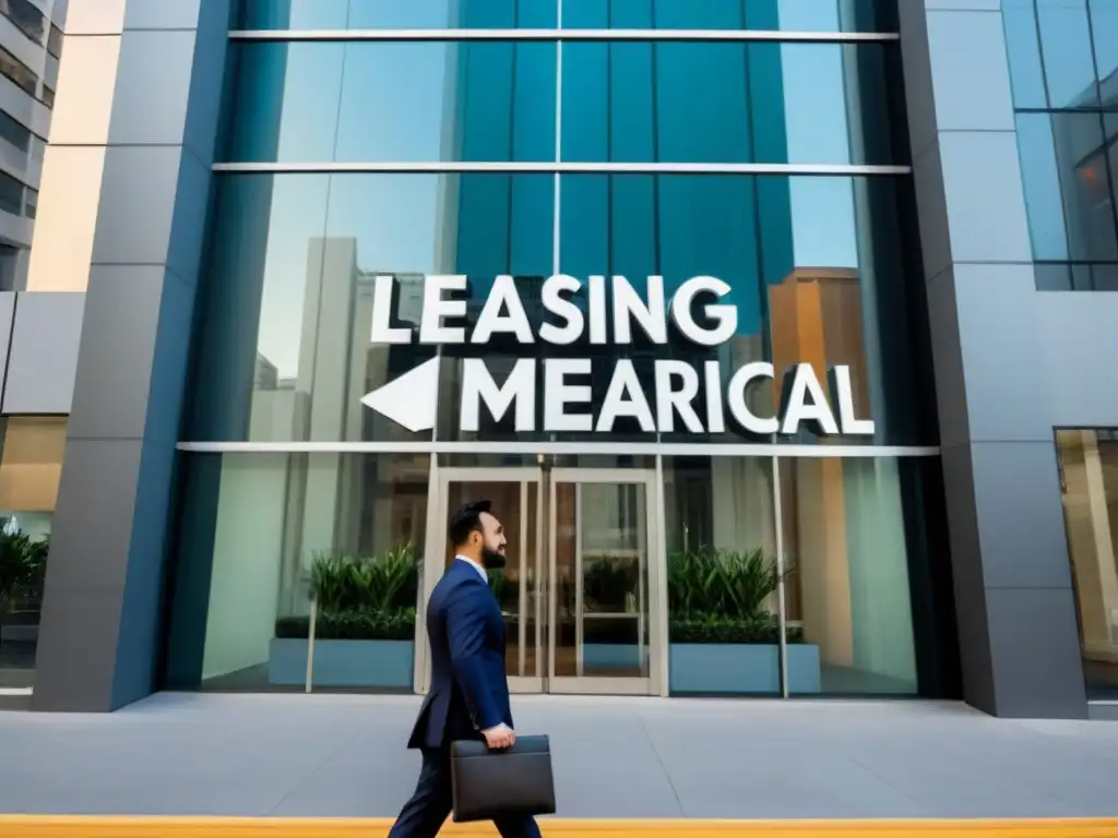 Oportunidades de Leasing Inmobiliario en Distrito Comercial Un impresionante edificio de oficinas con ventanales de cristal reflejando la ciudad, llena de profesionales seguros