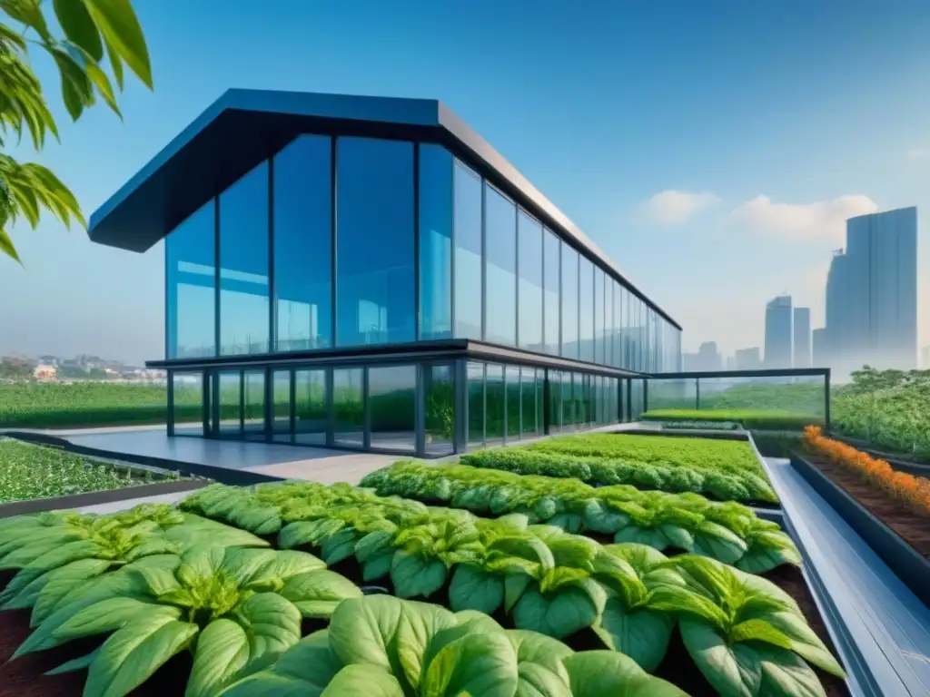 Edificio sostenible: diseño futurista y ecoamigable Impresionante edificio sostenible con jardín en la azotea y paneles solares, simbolizando el financiamiento verde y la construcción ecológica