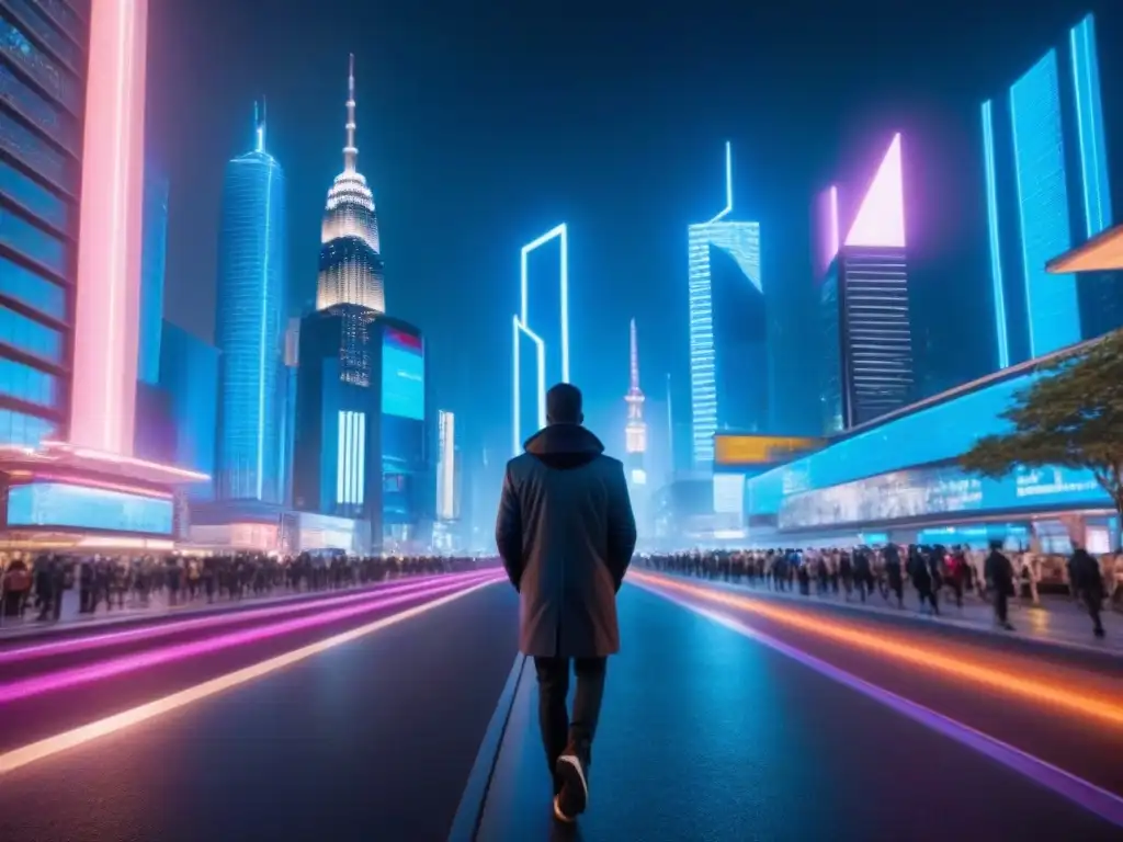 Innovación urbana: futurista ciudad nocturna con IA y datos inmobiliarios Impresionante escena nocturna de ciudad futurista con impacto de la inteligencia artificial en finanzas inmobiliarias