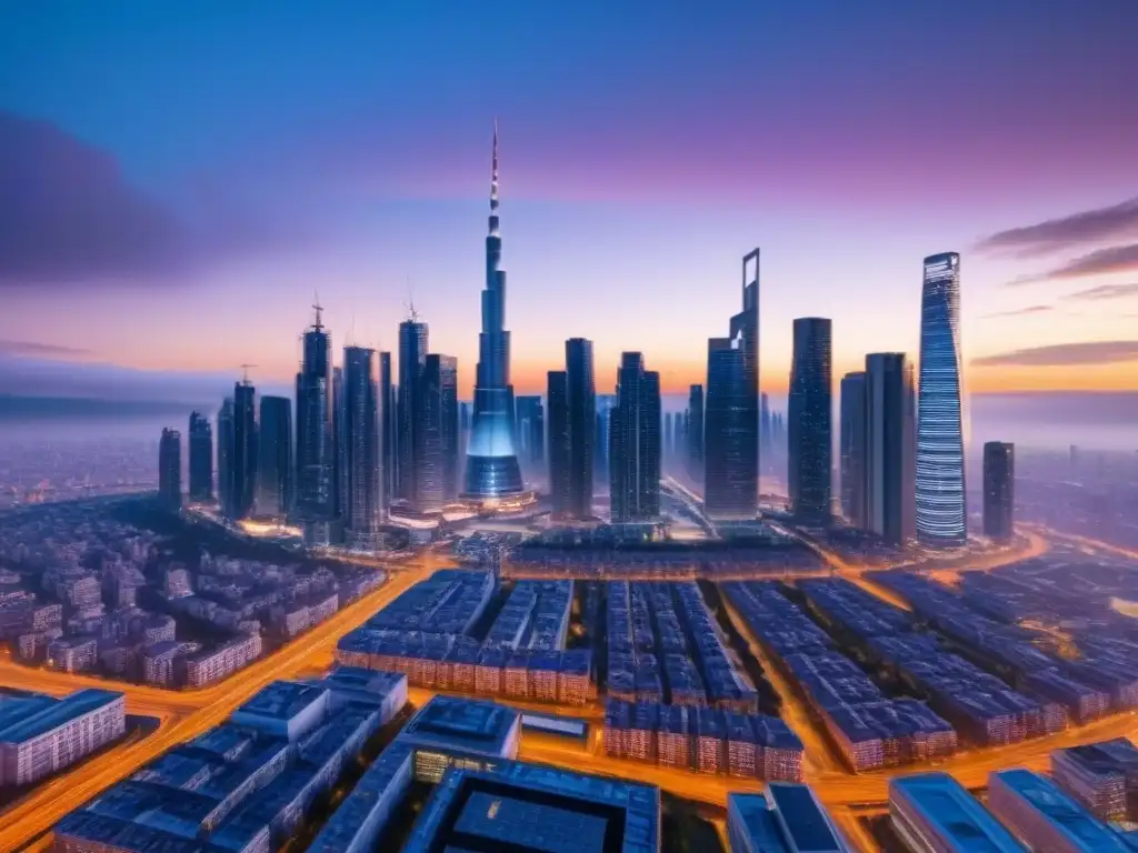 Horizonte urbano futurista en 8k: arquitectura avanzada al anochecer Impresionante horizonte urbano futurista al anochecer, con rascacielos innovadores iluminados