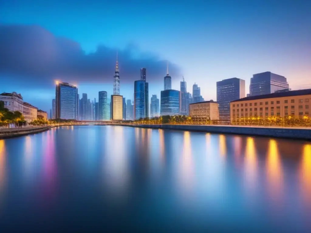 Horizonte urbano moderno al atardecer: oportunidades inmobiliarias Impresionante horizonte urbano al anochecer con rascacielos iluminados y reflejados en un río, simbolizando el crecimiento inmobiliario bajo nuevas regulaciones