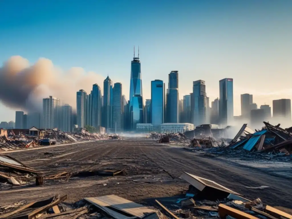 Desastre natural: devastación y resiliencia en la ciudad Impresionante imagen 8k de ciudad tras desastre natural, con edificios dañados y escombros