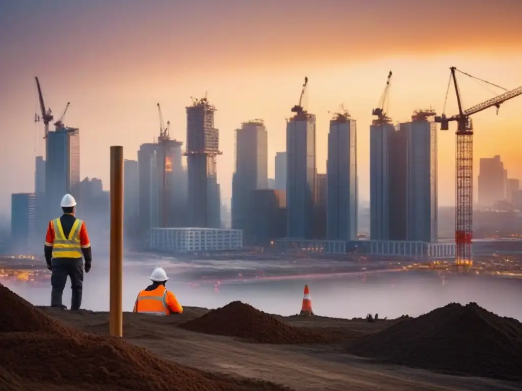 Vibrante construcción de rascacielos al atardecer Impresionante imagen de la construcción de rascacielos en una ciudad vibrante al atardecer