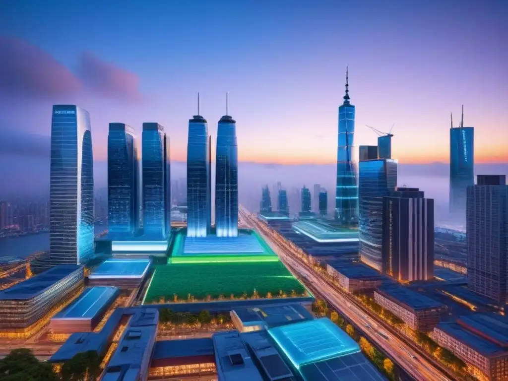 Metrópolis futurista: luces neón en la ciudad al atardecer Impresionante metrópolis futurista al anochecer, reflejo del impacto del crecimiento urbano en el mercado inmobiliario