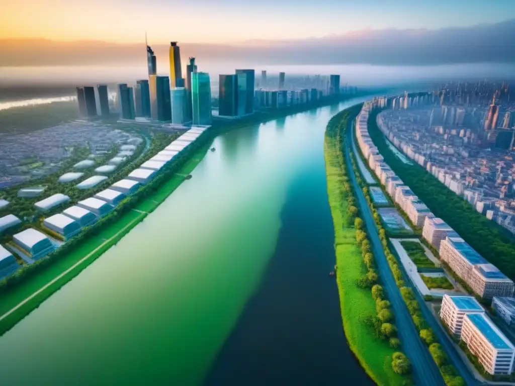 Metrópolis vibrante: rascacielos, verde y río en desarrollo Impresionante metrópolis con rascacielos modernos, espacios verdes y un río, ideal para invertir en 'Regiones con potencial valorización inmobiliaria'