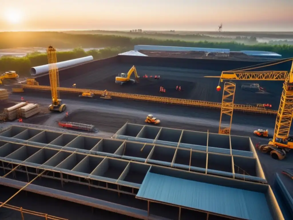 Avance constructivo al atardecer: trabajadores y grúas en acción Impresionante obra en construcción al atardecer con grúas y obreros