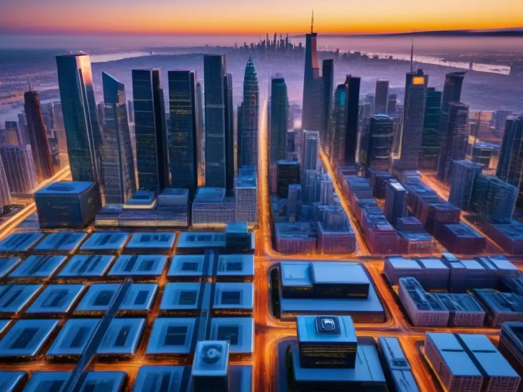 Esfinge urbana: atardecer en la metrópolis futurista Un impresionante paisaje urbano futurista con rascacielos elegantes, calles bulliciosas y sistemas de transporte avanzados iluminados por la cálida luz del atardecer, capturando la esencia de las Tendencias REITs comerciales 2023