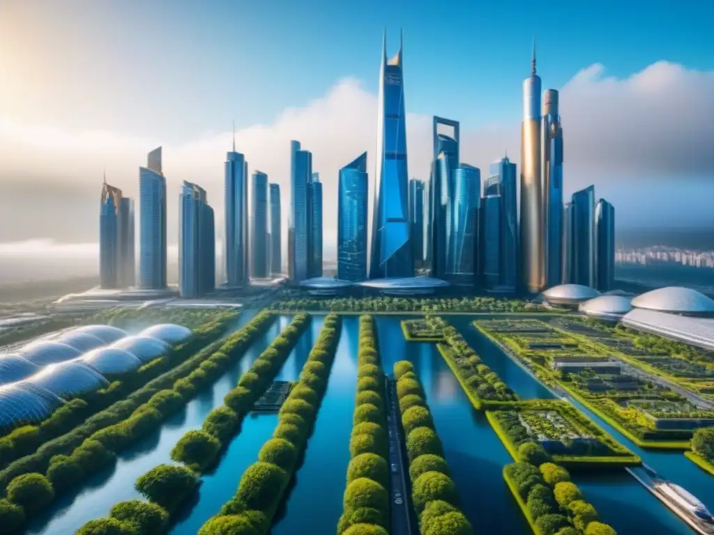Impresionante paisaje urbano futurista con rascacielos modernos y tecnología IA en transparencia mercado inmobiliario
