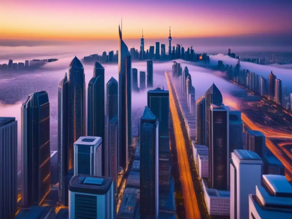 Cityscape futurista al atardecer: innovación y estabilidad financiera Un impresionante paisaje urbano futurista al anochecer, con rascacielos elegantes iluminados por el sol poniente