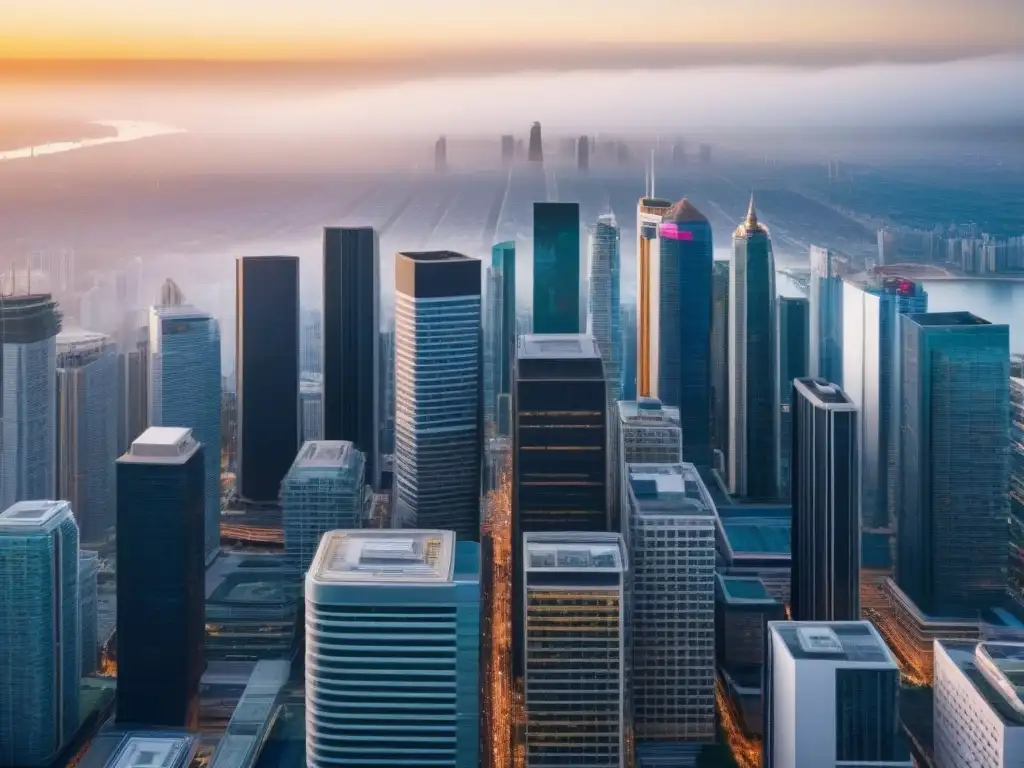 Vista aérea de ciudad moderna: regulaciones inmobiliarias Un impresionante paisaje urbano lleno de rascacielos modernos, reflejando las regulaciones locales en financiamiento inmobiliario