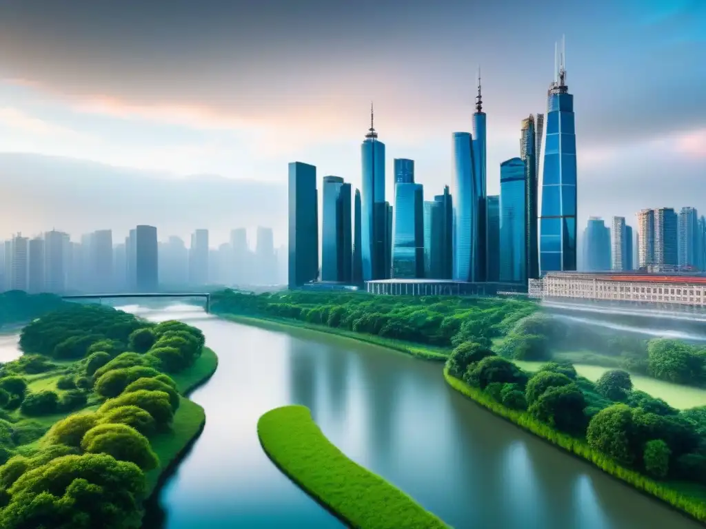 Metrópolis moderna: rascacielos de cristal, parques verdes y río Impresionante paisaje urbano con rascacielos de cristal y parques verdes, destacando la importancia de bancos centrales inmobiliario