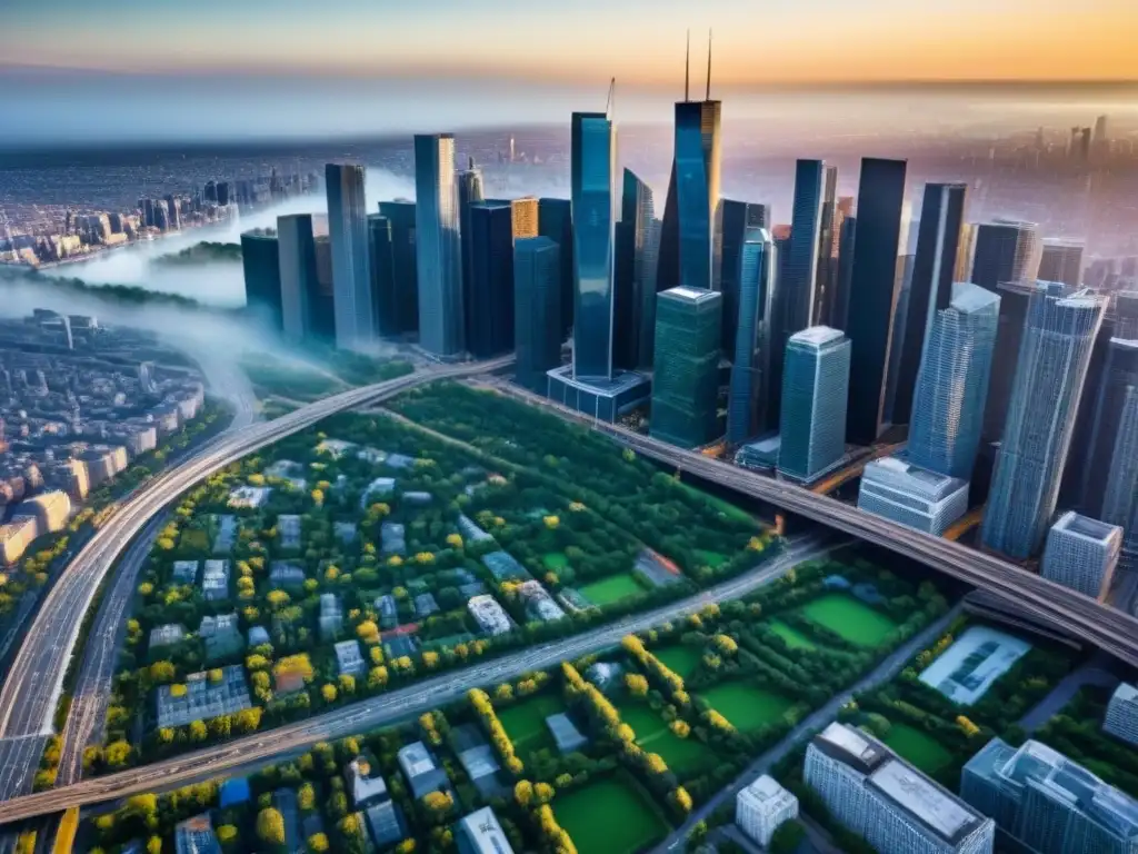 Vibrante mercado inmobiliario: impacto de políticas monetarias Un impresionante paisaje urbano con rascacielos y edificios del distrito financiero, reflejando el mercado inmobiliario influenciado por políticas monetarias y REITs