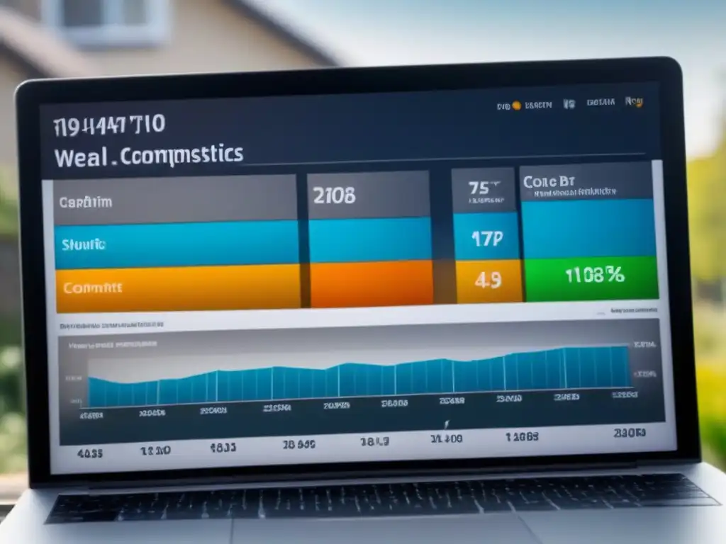 Un impresionante panel de analítica web para préstamos inmobiliarios en pantalla de alta resolución, con gráficos interactivos y colores vibrantes