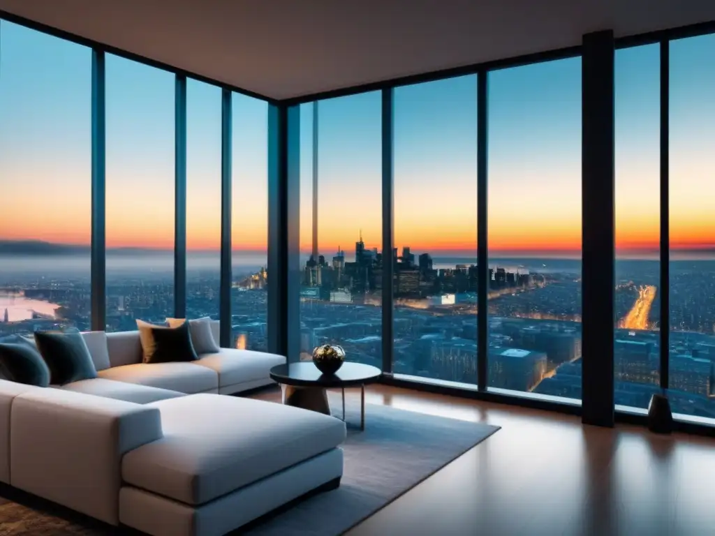 Penthouse de lujo con vista panorámica a la ciudad Impresionante penthouse moderno con vista a la ciudad, muebles elegantes, diseño minimalista y toques de mármol