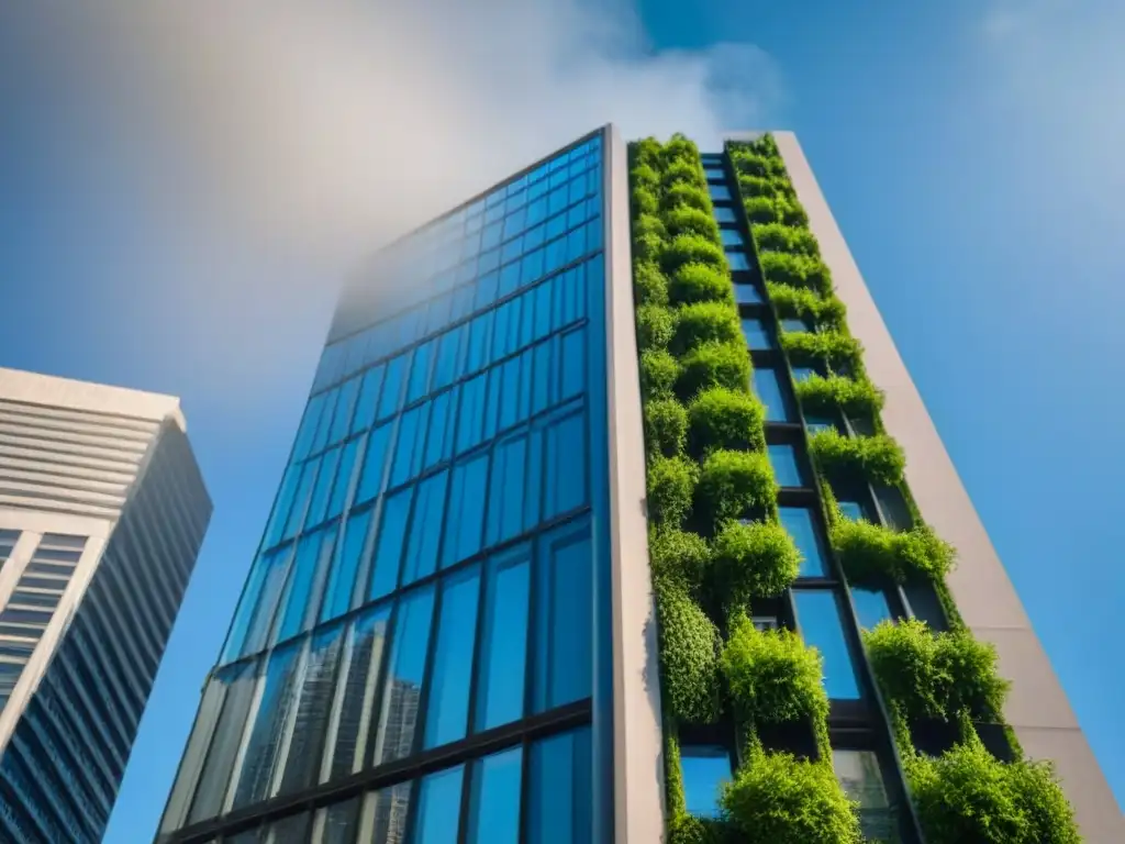 Innovación urbana: rascacielos moderno en entorno verde Impresionante rascacielos moderno rodeado de vegetación exuberante, reflejando la luz del sol y transmitiendo innovación y sofisticación