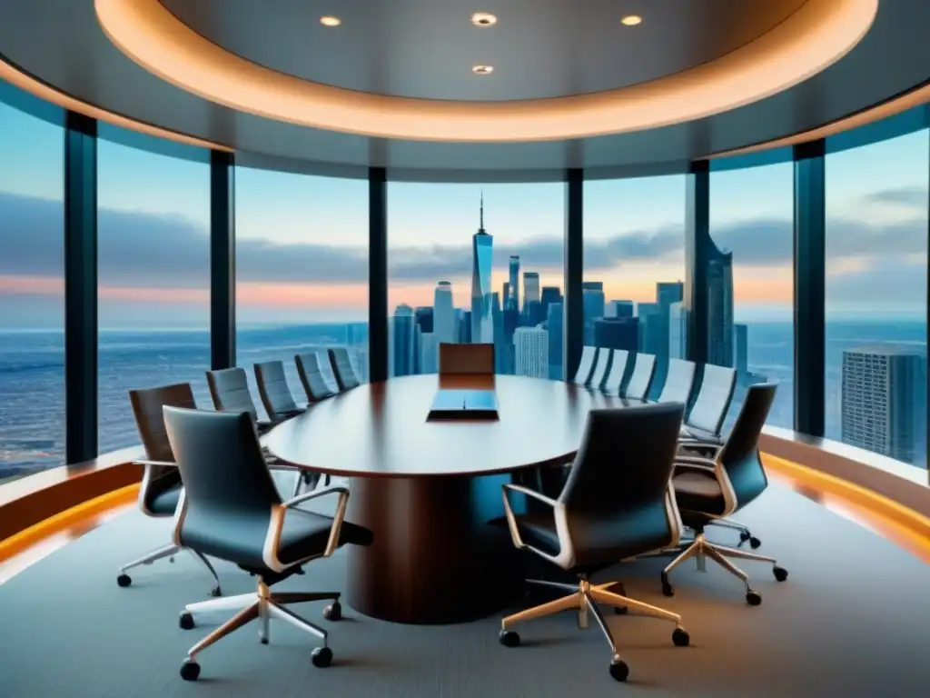 Oficina inmobiliaria de lujo con mesa de reuniones y vista a la ciudad Impresionante sala de juntas en oficina de bienes raíces con mesa de conferencias, gráficos financieros y vista a la ciudad