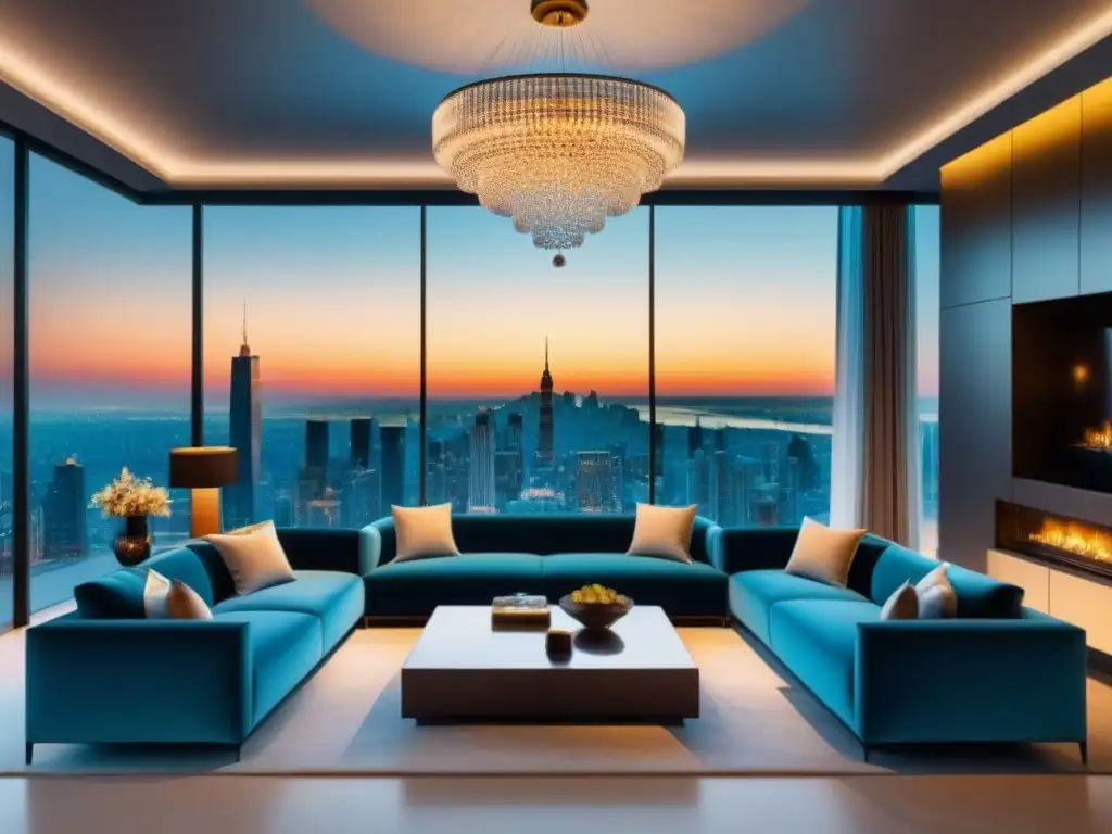 Interior de lujo con vistas urbanas al atardecer Impresionante sala de estar de lujo con vista a la ciudad al anochecer