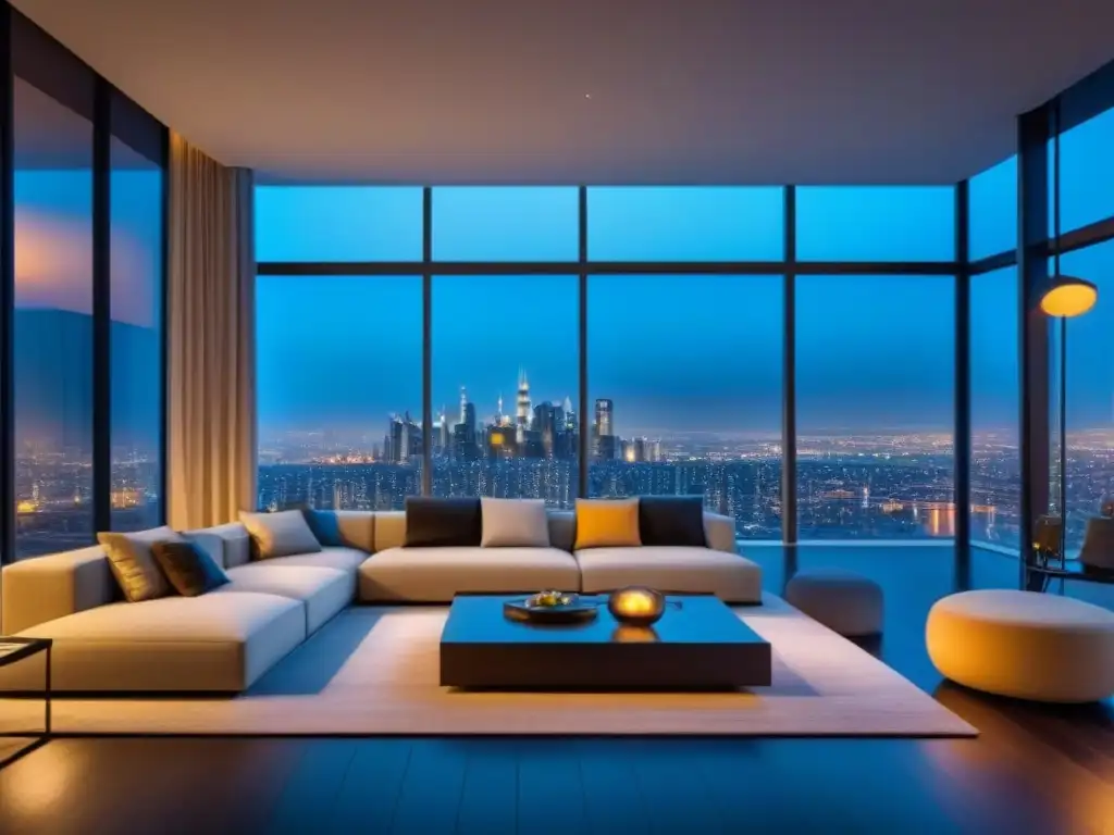 Sala de estar de lujo con vista nocturna de la ciudad Impresionante sala de estar moderna con vista nocturna de la ciudad, destacando el lujo urbano