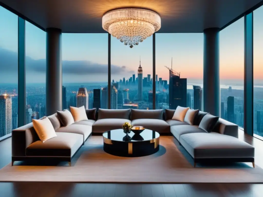 Sofisticado salón de lujo en penthouse con vista a la ciudad Impresionante sala de estar en penthouse de lujo con vistas a la ciudad