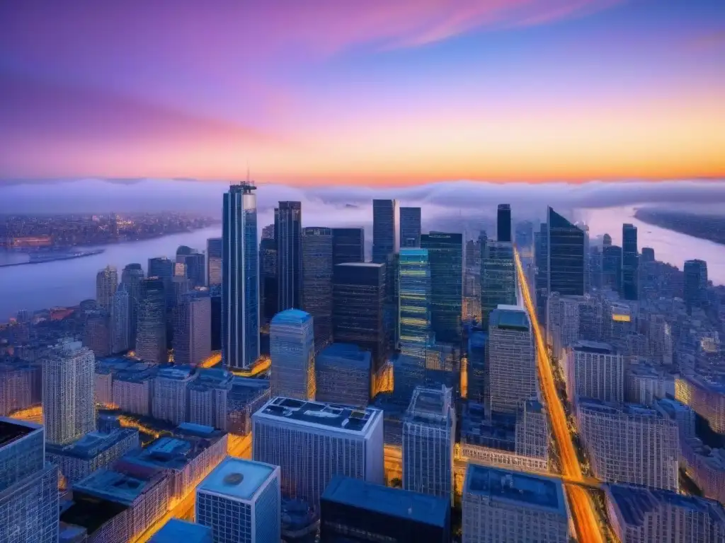 Skyline urbano al atardecer: metrópoli moderna y vibrante en 2021 Impresionante skyline de una ciudad bulliciosa al anochecer, reflejando las tendencias mercado inmobiliario 2021