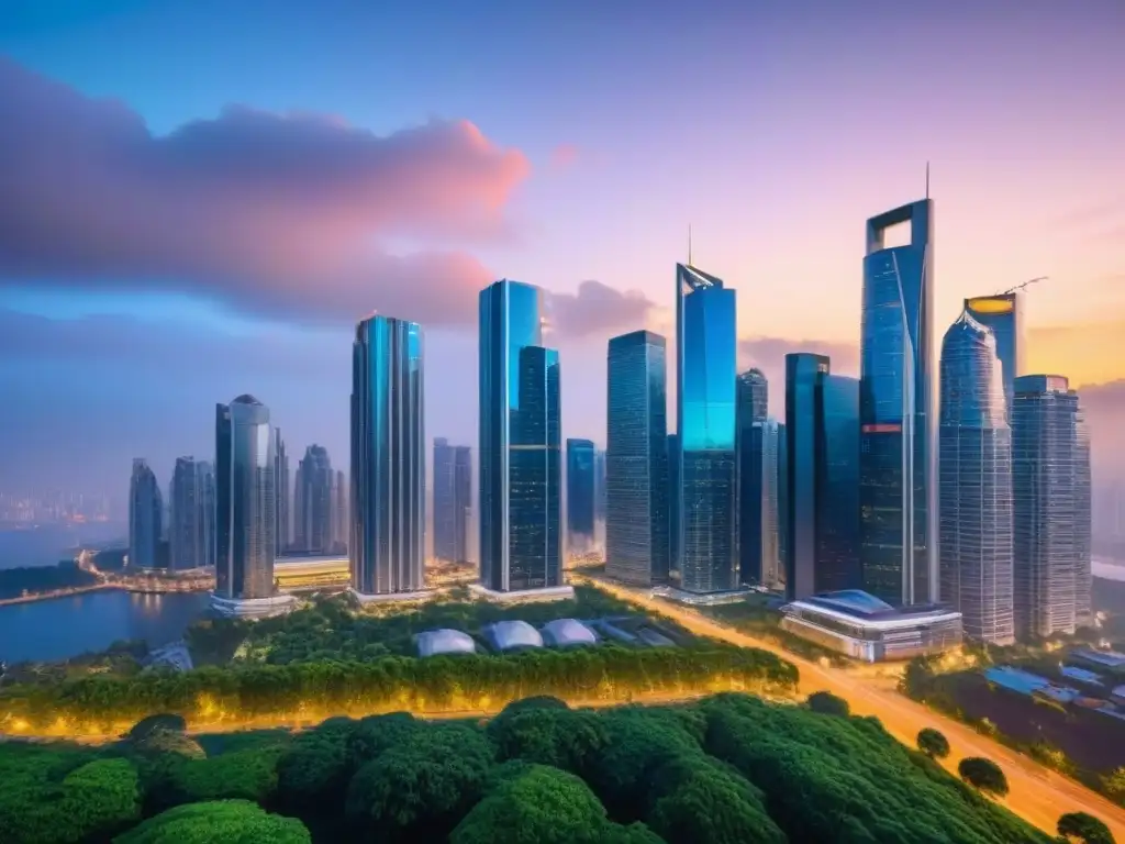 Horizonte urbano: Capitalizando el éxito financiero en bienes raíces Impresionante skyline de ciudad con rascacielos brillantes al atardecer, reflejando el apalancamiento financiero en inversión inmobiliaria