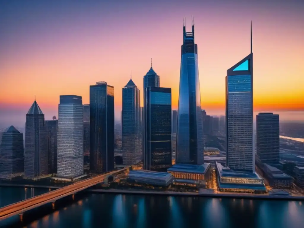 Esplendor financiero: skyline futurista en atardecer Impresionante skyline financiero moderno al atardecer