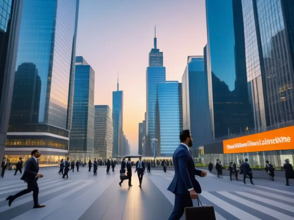 Skyline financiero moderno al atardecer: éxito y profesionalismo Impresionante skyline financiero al anochecer