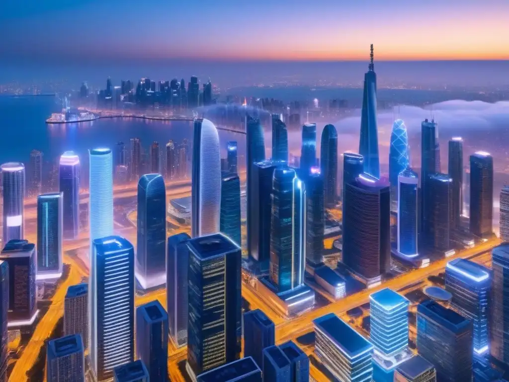 Horizonte futurista con rascacielos 5G Impresionante skyline futurista con tecnología 5G en sector inmobiliario