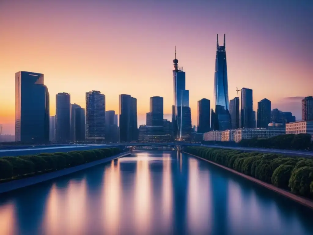 Horizonte urbano moderno al atardecer: sofisticación y progreso Impresionante skyline urbano al atardecer con rascacielos iluminados desde dentro