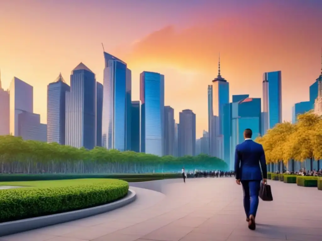 Contraste urbano: skyline moderno y parque exuberante Impresionante skyline urbano al atardecer con profesionales en la zona financiera