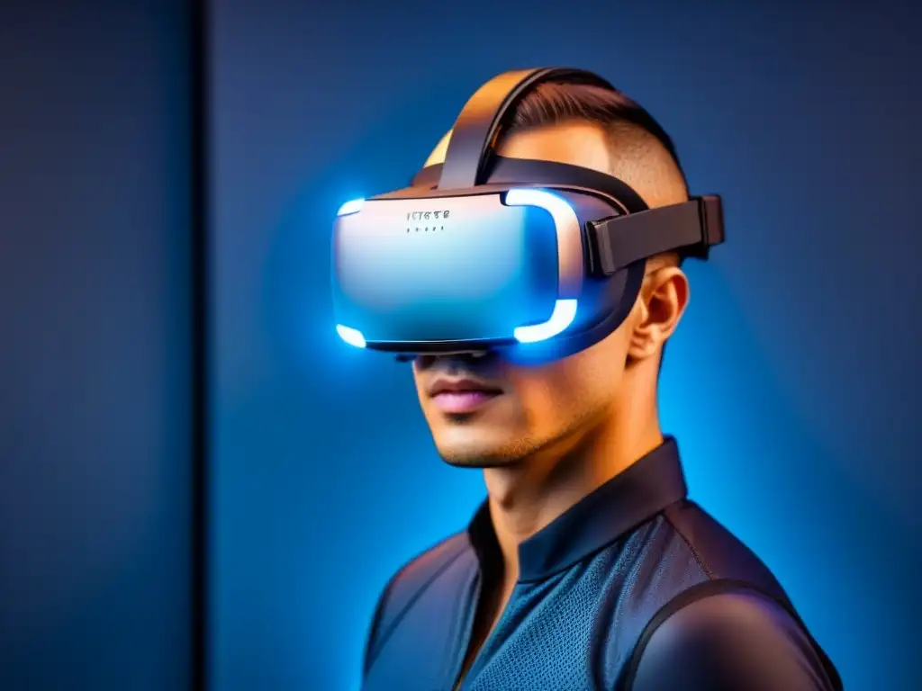 Headset de realidad virtual futurista para tours inmobiliarios Un impresionante visor de realidad virtual futurista, con patrones de circuitos intrincados y pantallas digitales vibrantes, proyectando tecnología de vanguardia para recorridos virtuales de propiedades