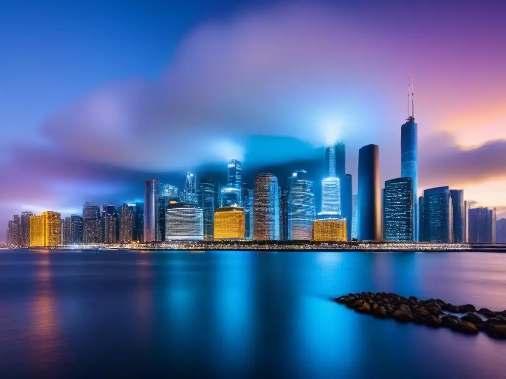 Horizonte urbano al atardecer: inversión a largo plazo en bienes raíces Una impresionante vista de la ciudad al anochecer, reflejando rascacielos iluminados en un río sereno