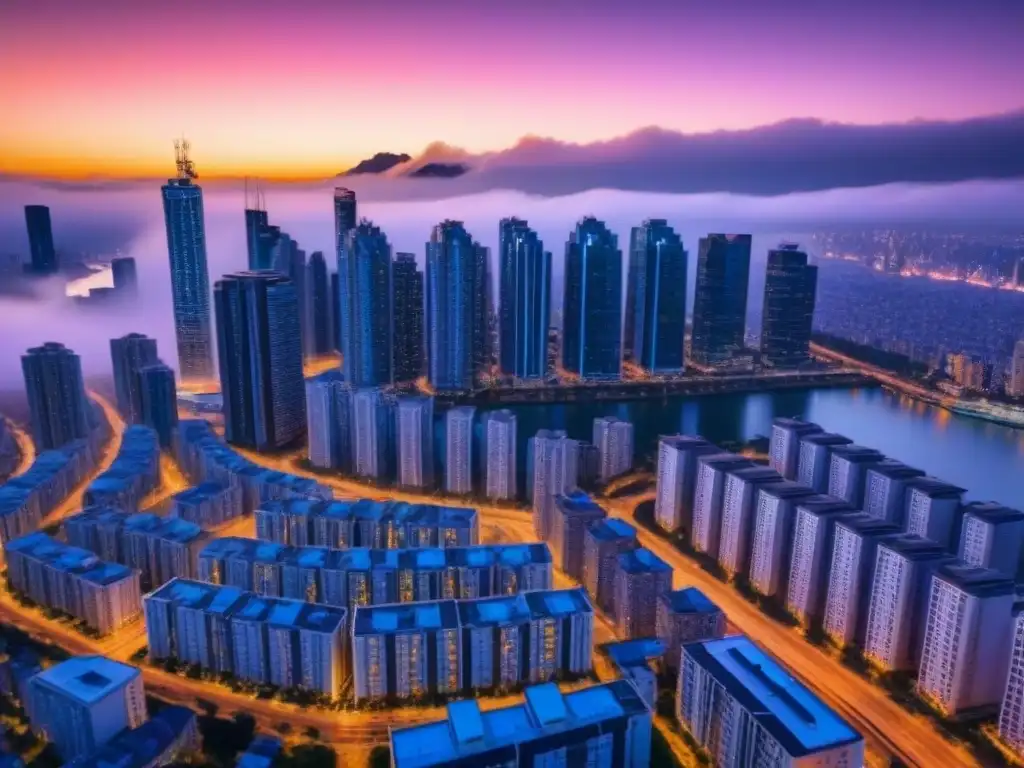 Cityscape en 8k: crepúsculo urbano y modernidad Impresionante vista urbana al atardecer, reflejando el impacto de las políticas de vivienda en el mercado inmobiliario