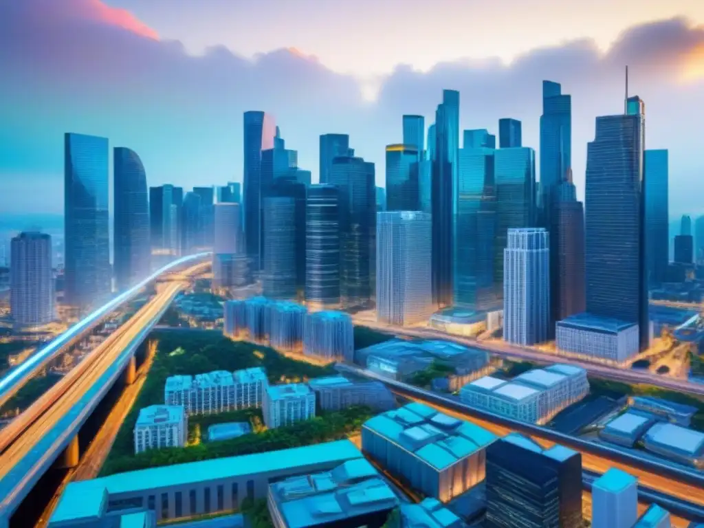 Metrópolis futurista: economía próspera y dinámica Impuestos propiedad impulsan economía: ilustración digital vibrante de una ciudad próspera con rascacielos y calles concurridas