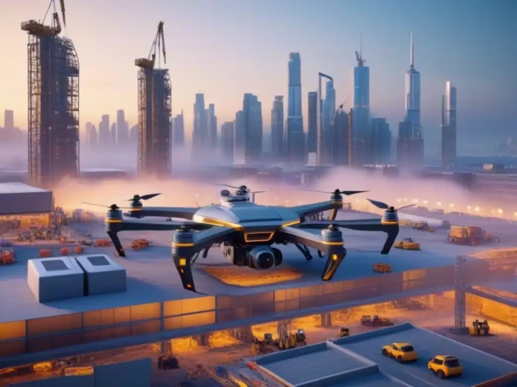 Robots y drones construyendo rascacielos futuristas Increíble escena futurista de robots y drones construyendo un rascacielos, destacando la robótica en construcción de bienes raíces