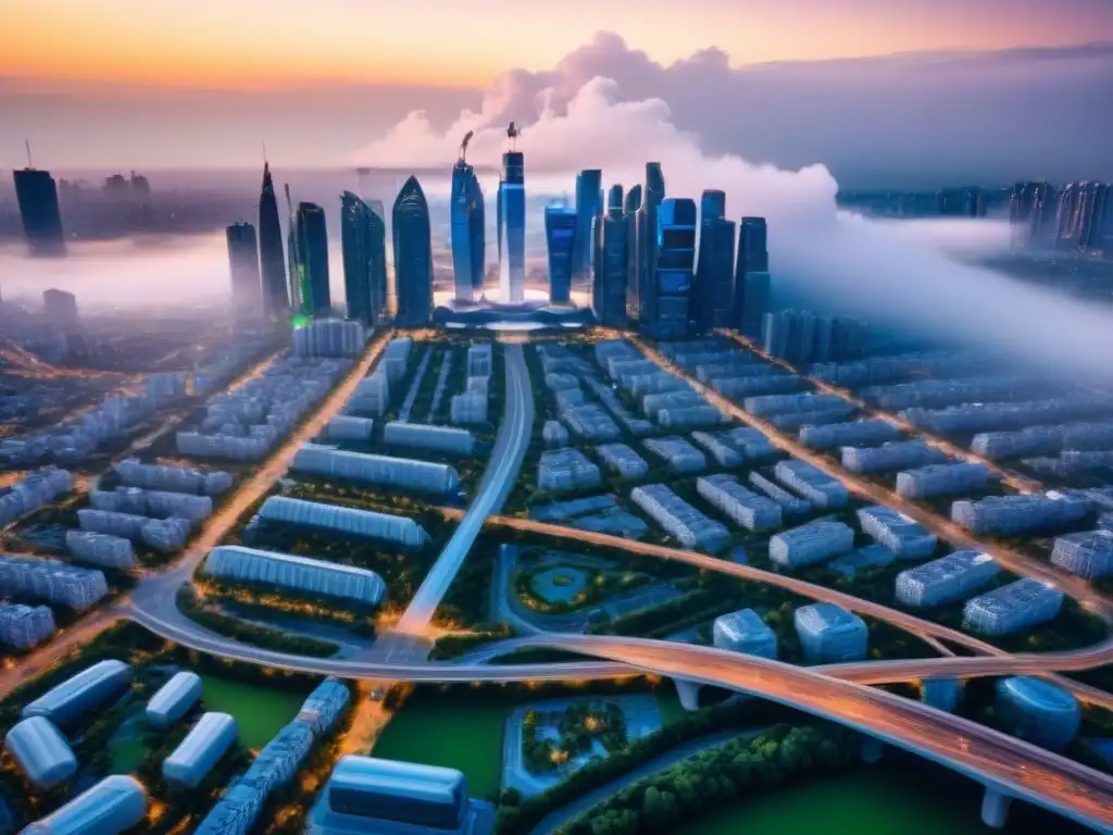 Futurismo urbano: ciudad con rascacielos y diseño vanguardista Increíble vista aérea de una ciudad futurista con rascacielos elegantes y espacios verdes interconectados, mostrando las tendencias del sector inmobiliario próximos años