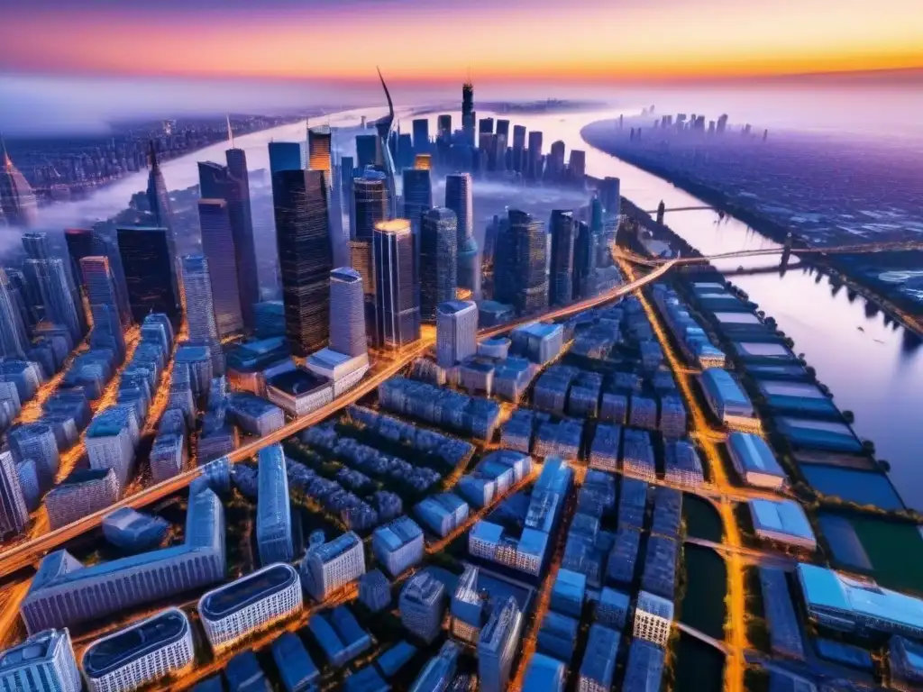 Espléndida metrópolis al atardecer: rascacielos, autopistas y luces Influencia de la ubicación en la inversión inmobiliaria: atardecer en la bulliciosa ciudad, con rascacielos, autopistas y luces brillantes