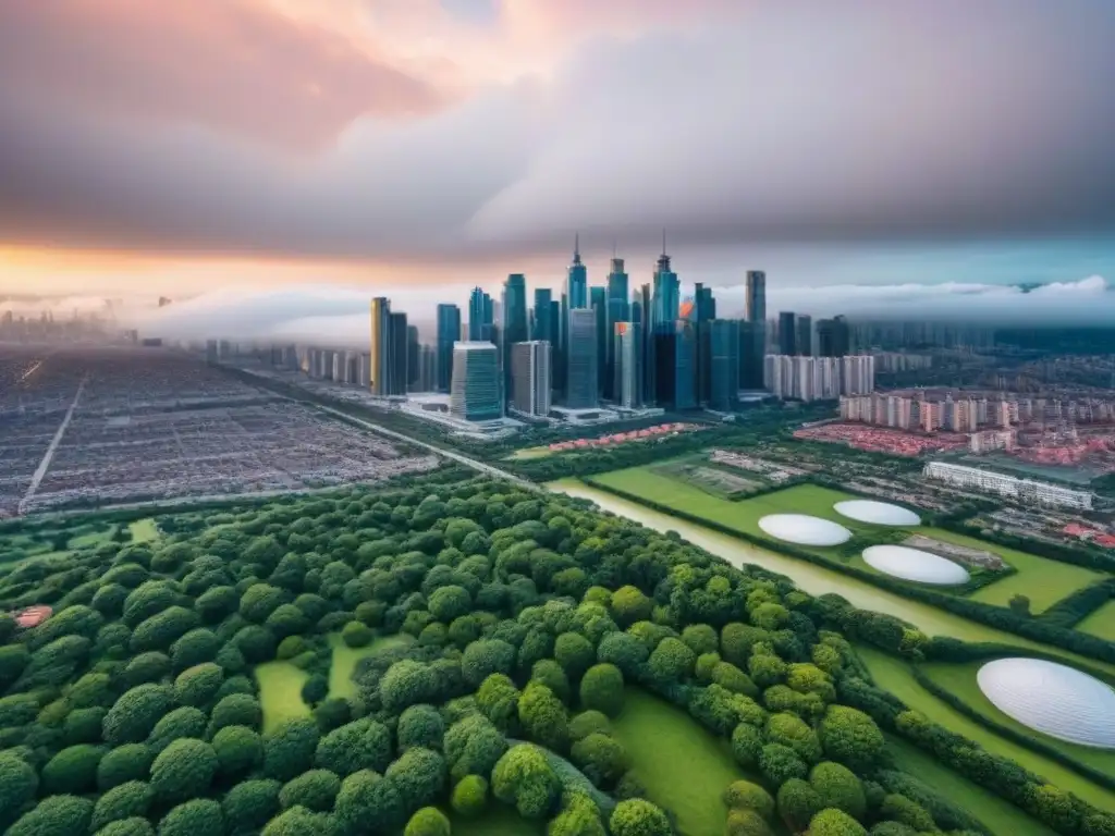 Metrópolis moderna: inversión inmobiliaria y valor estratégico Influencia de ubicación en la inversión inmobiliaria: Ciudad moderna con rascacielos, edificios residenciales y espacios verdes