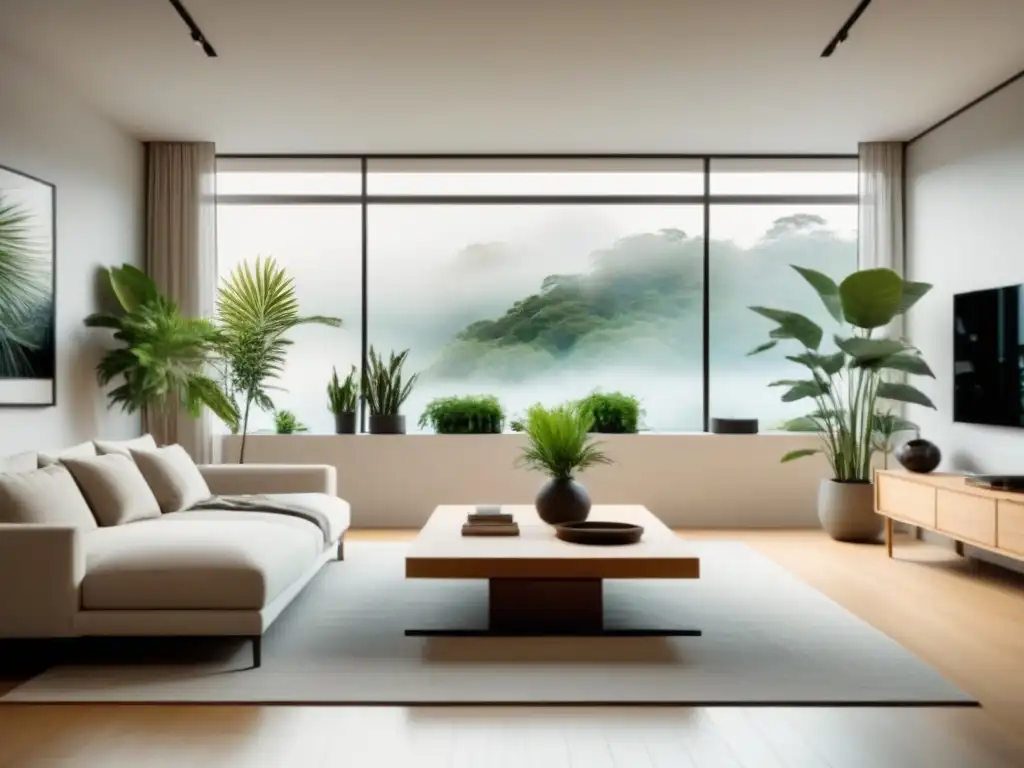 Sala de estar moderna y luminosa con arte abstracto Influencia psicología espacios casa: Sala moderna con luz natural, muebles minimalistas y plantas verdes