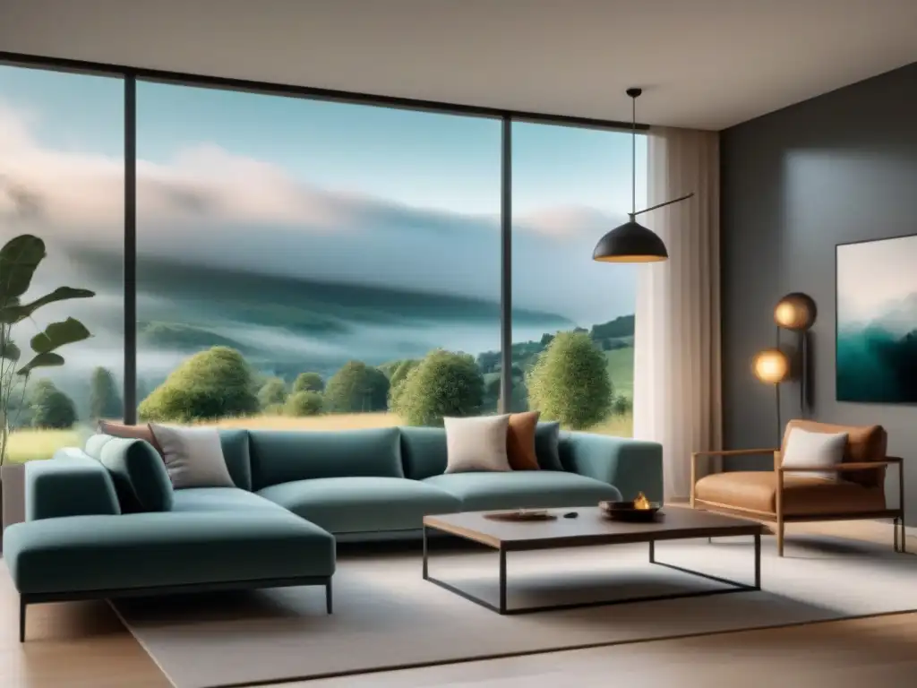 Salón moderno y minimalista en 8k: armonía y serenidad Influencia psicología espacios casa: Sala moderna minimalista con colores monocromáticos, sofá grande y arte abstracto
