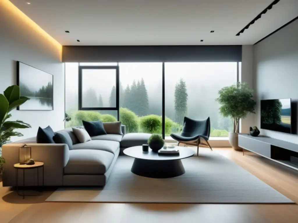 Diseño moderno: sala minimalista con arte abstracto y plantas verdes Influencia psicología espacios casa: Sala moderna con diseño minimalista, muebles elegantes, arte abstracto y plantas verdes, creando armonía y calma