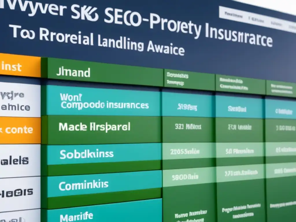 Comparativa SEO para landing pages de seguros de propiedad Una infografía moderna y detallada sobre las mejores estrategias de promoción de seguros de propiedad