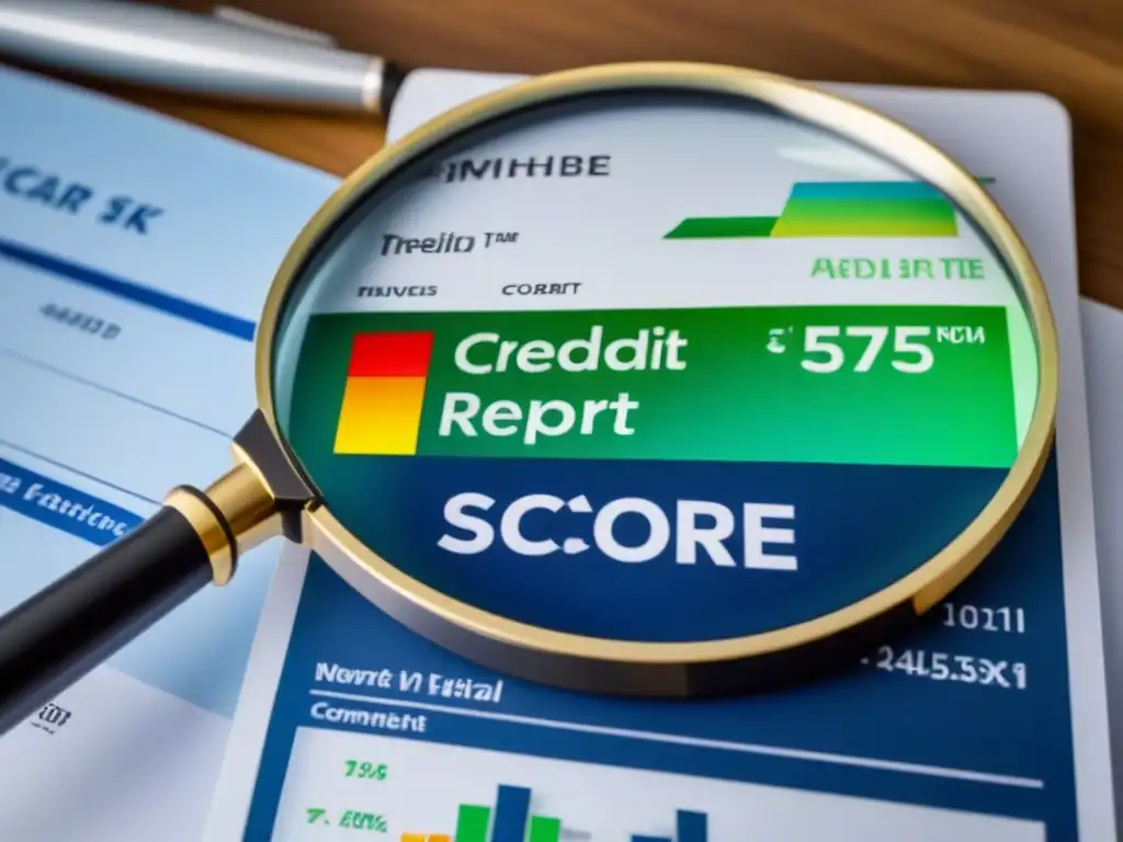 Mejora tu puntaje crediticio: crecimiento financiero en detalle Un informe de crédito bajo una lupa, reflejando progreso financiero