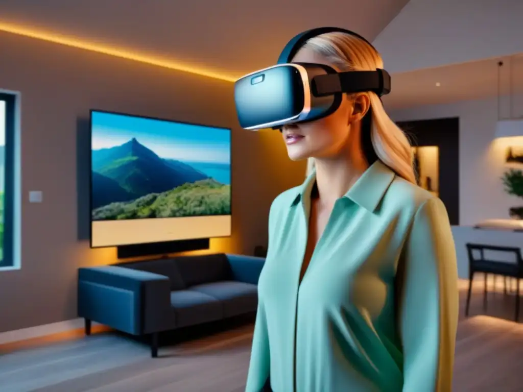 Realidad virtual de lujo: agente inmobiliario guía tour 3D Una inmersiva experiencia de Realidad Virtual en bienes raíces con un agente guiando un tour virtual de lujo