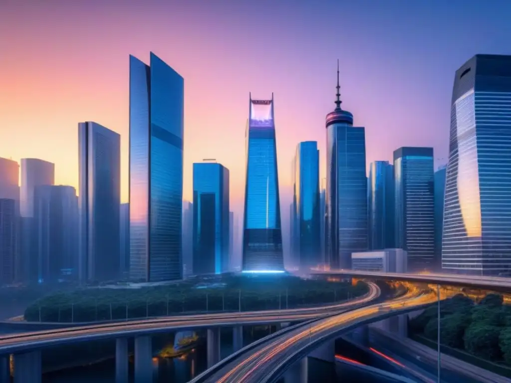 Metrópolis futurista en atardecer, luces y finanzas Gestión inmobiliaria financiera optimizada: Ciudad futurista al atardecer, rascacielos iluminados y profesionales en la calle