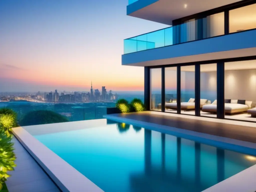 Edificio de lujo con arquitectura moderna y vista urbana Gestión inmobiliaria financiera optimizada: Edificio de lujo con moderna arquitectura, ventanales y terraza con vista a la ciudad
