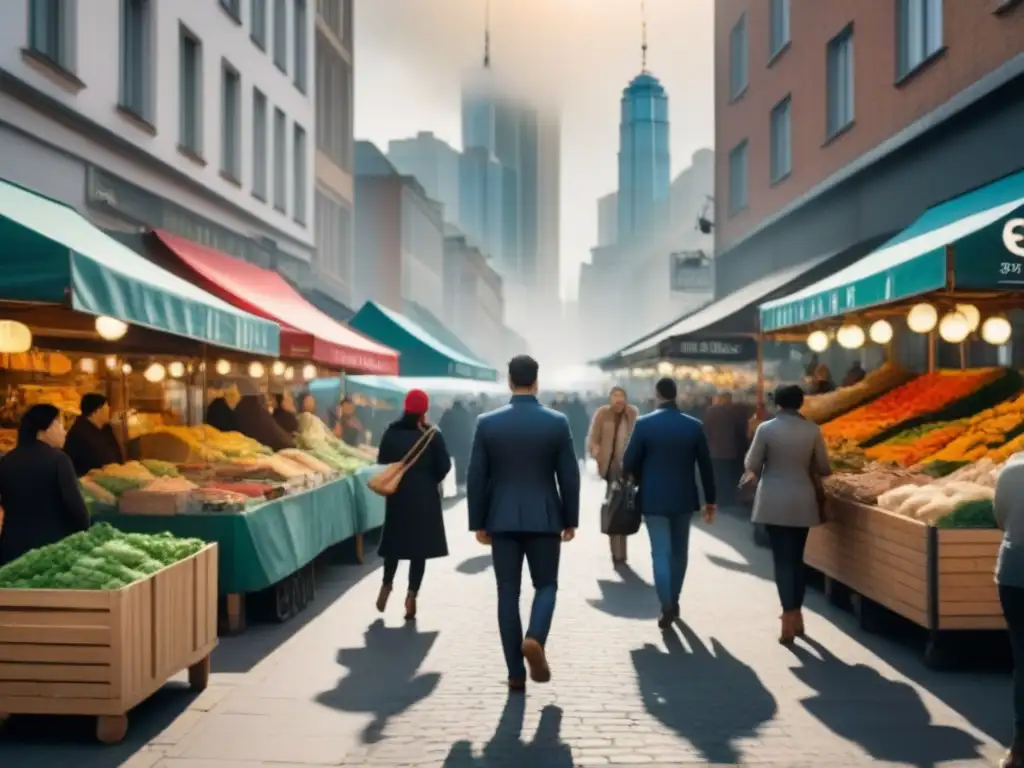 Sinergia entre Real Estate y Comunidad: Mercado Vibrante en Ciudad Moderna Sindicación inmobiliaria impacto local: Edificios modernos y mercado vibrante se entrelazan en bulliciosa calle urbana